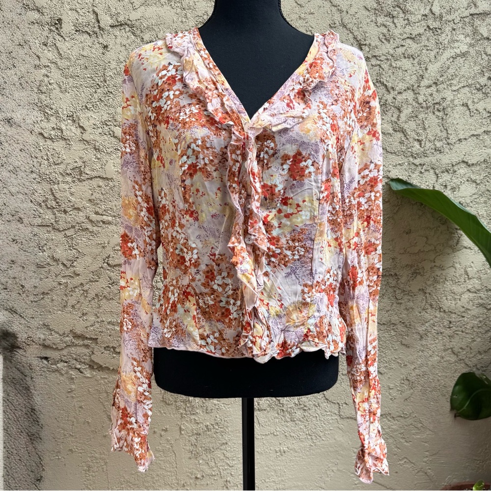 Vintage NWT 90’s Clio Floral Ruffle Button Down Bell Sleeve Blouse